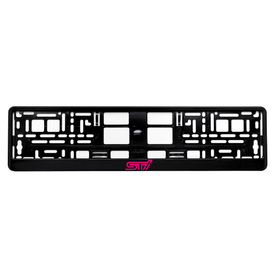 gloss black license plate frame with subaru sti purple logo