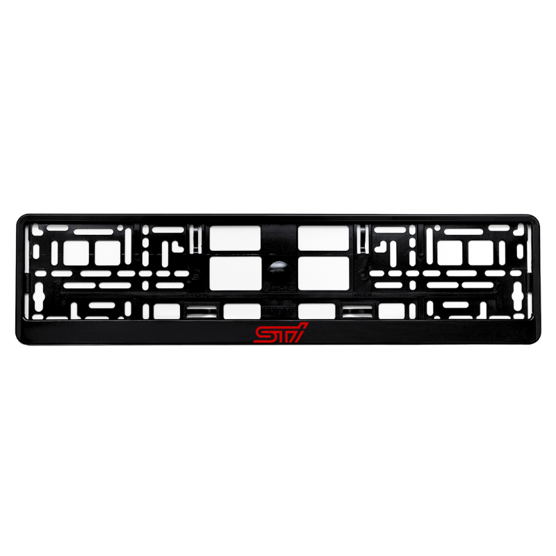 gloss black license plate frame with subaru sti red logo
