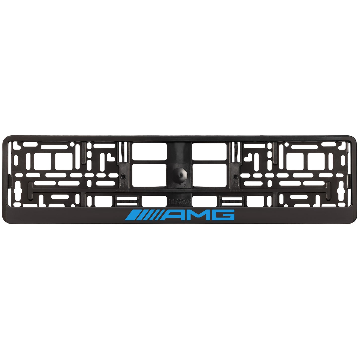 
        Black license plate frame with blue cyan AMG logo
     