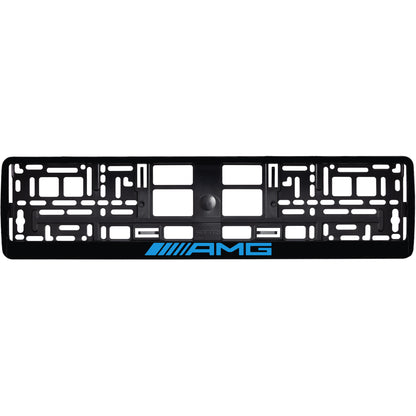 Gloss Black license plate frame with blue cyan AMG logo