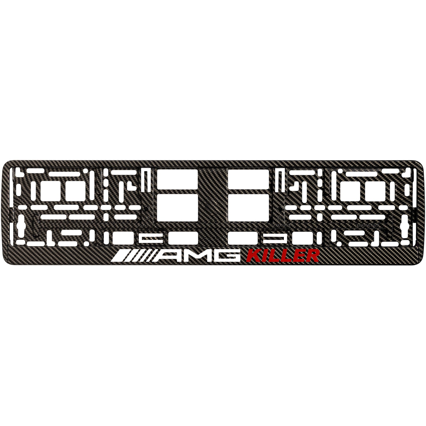 
        carbon license plate frame with amg killer red text
     