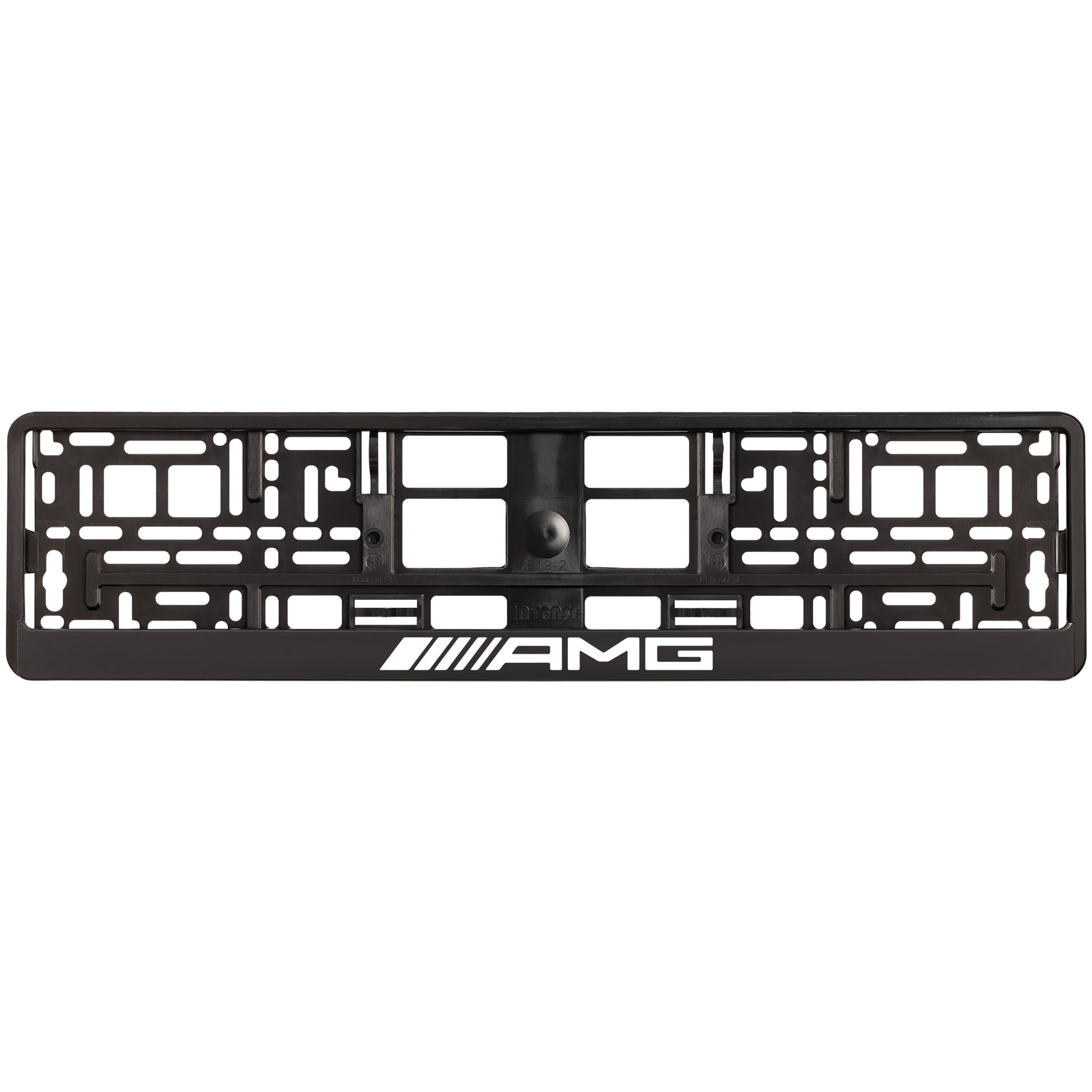 Black license plate frame with white  AMG logo 