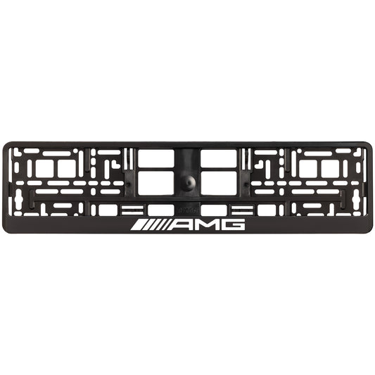 Black license plate frame with white  AMG logo 