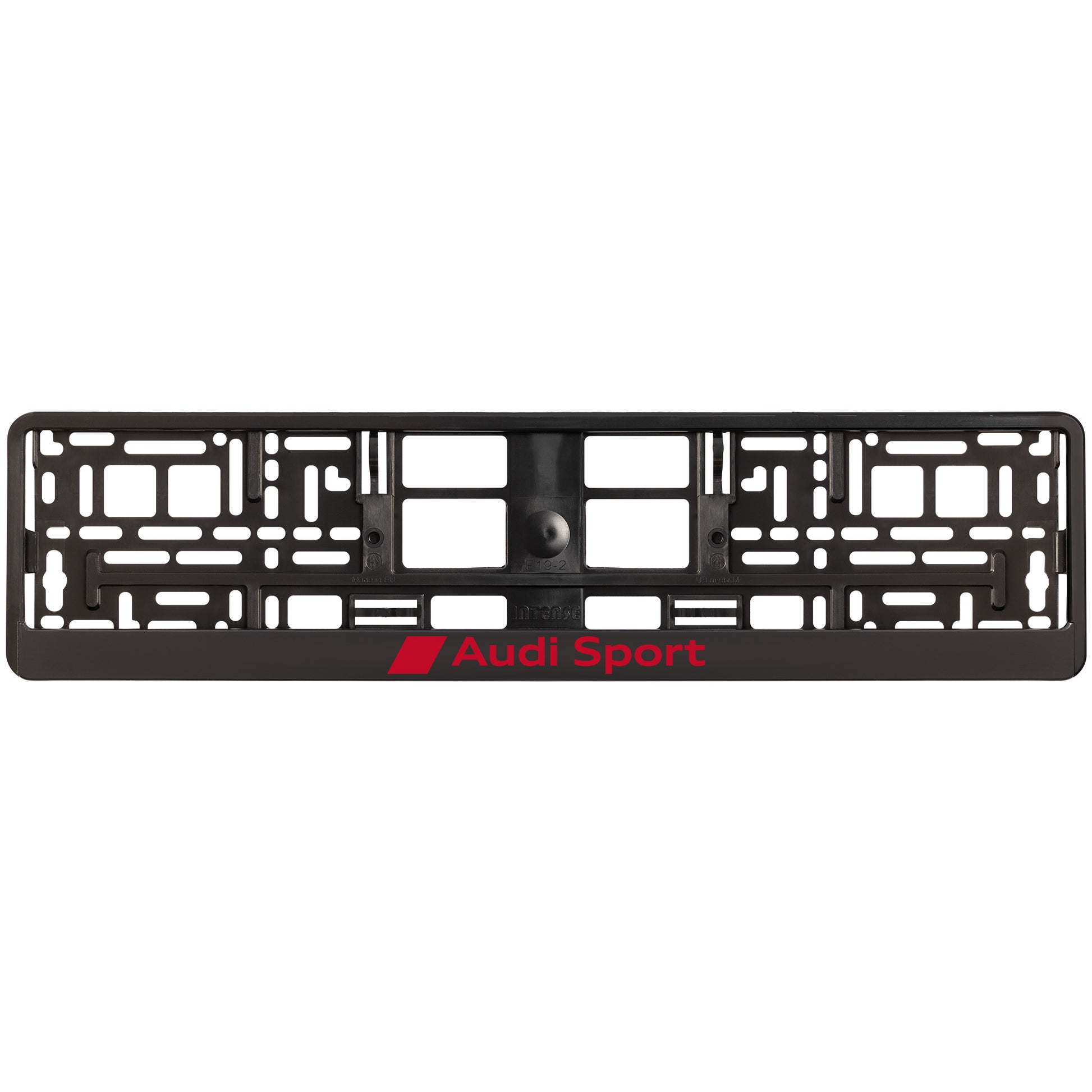 Black license plate frame with 'Audi sport' red logo