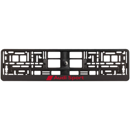 Black license plate frame with 'Audi sport' red logo