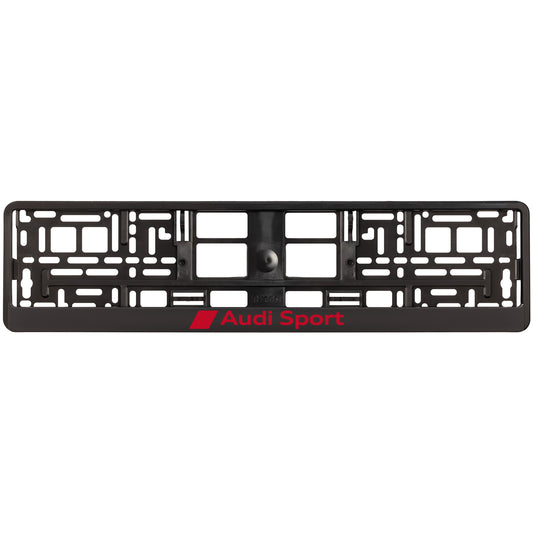 Black license plate frame with 'Audi sport' red logo