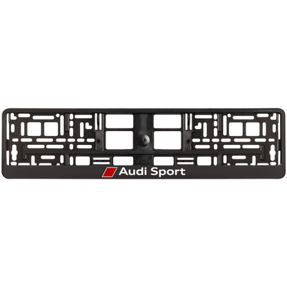 Black license plate frame with 'Audi sport' white logo
