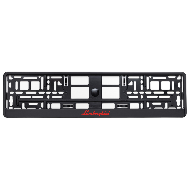 
        black license plate frame with red lamborghini logo
     
