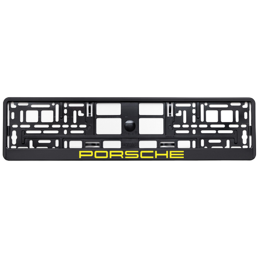 black license plate frame with yellow porsche logo