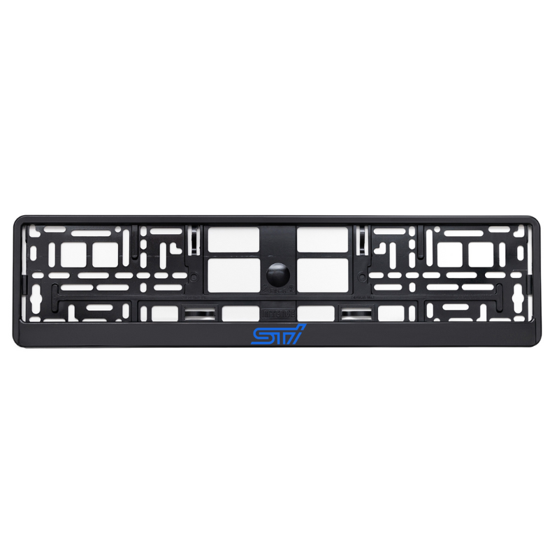 black license plate frame with subaru sti blue logo