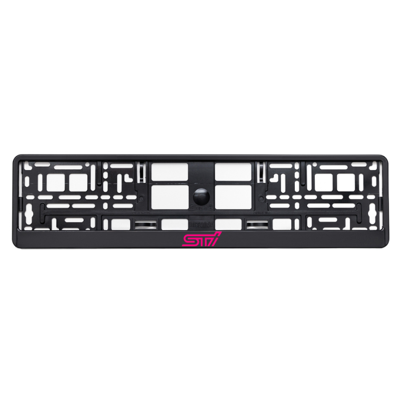
        black license plate frame with subaru sti purple logo
     