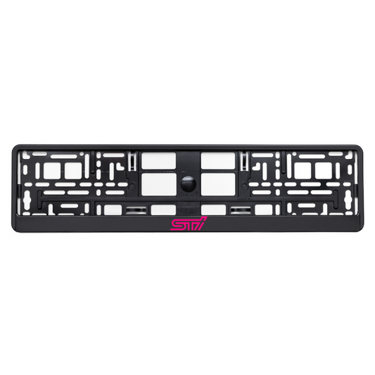 black license plate frame with subaru sti purple logo