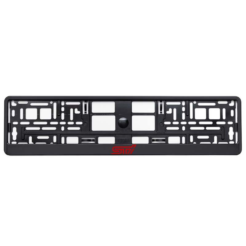 
        black license plate frame with subaru sti red logo
     