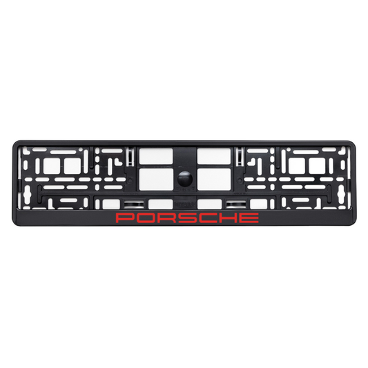 black license plate frame with red porsche logo