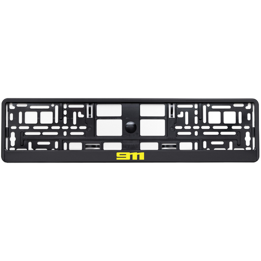 black license plate frame with yellow 911 logo