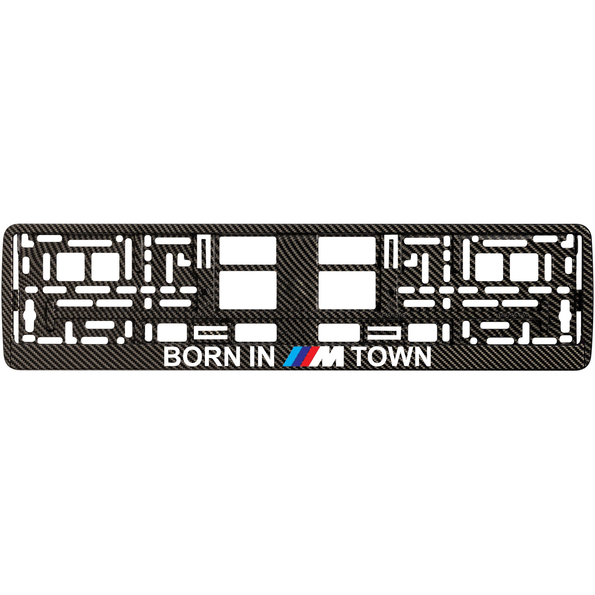 carbon license plate frame with born in m town logo