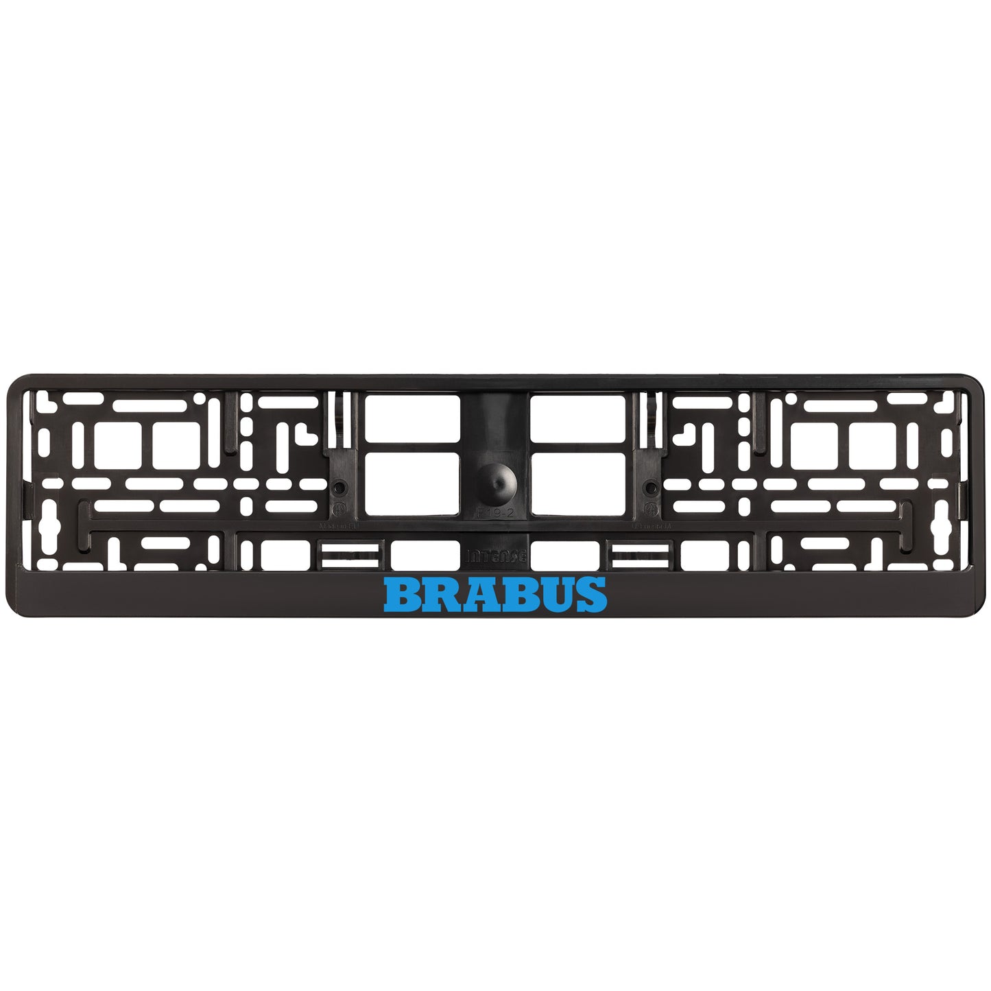 
        black license plate frame blue cyan brabus logo
     