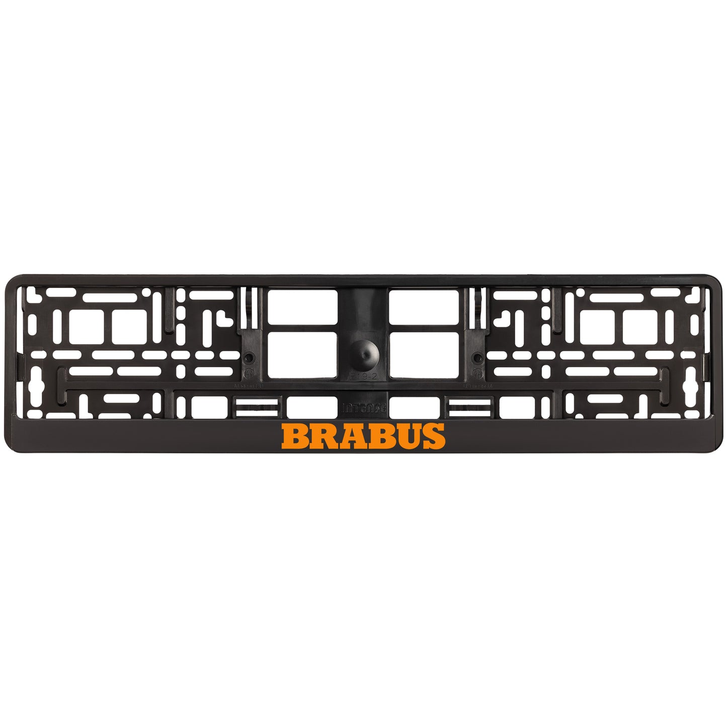 
        black license plate frame orange brabus logo
     
