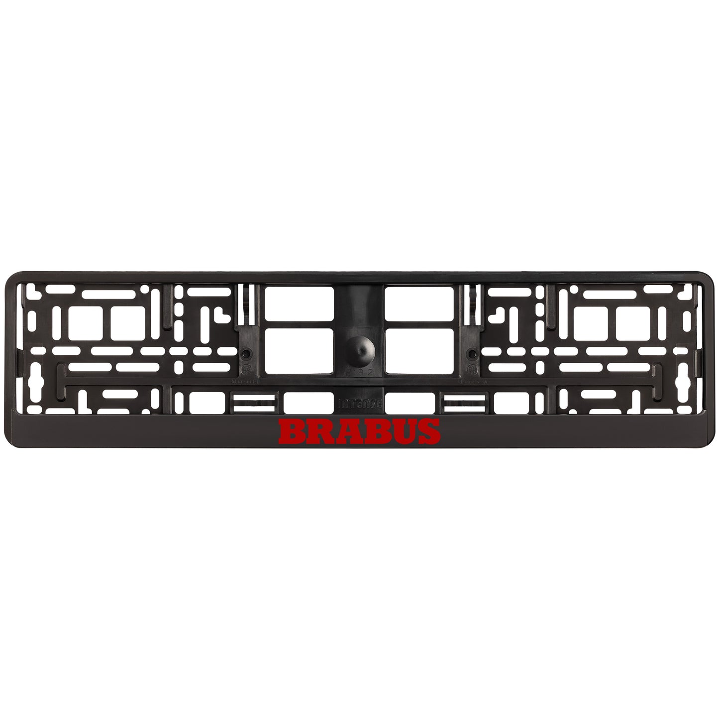 
        black license plate frame red brabus logo
     