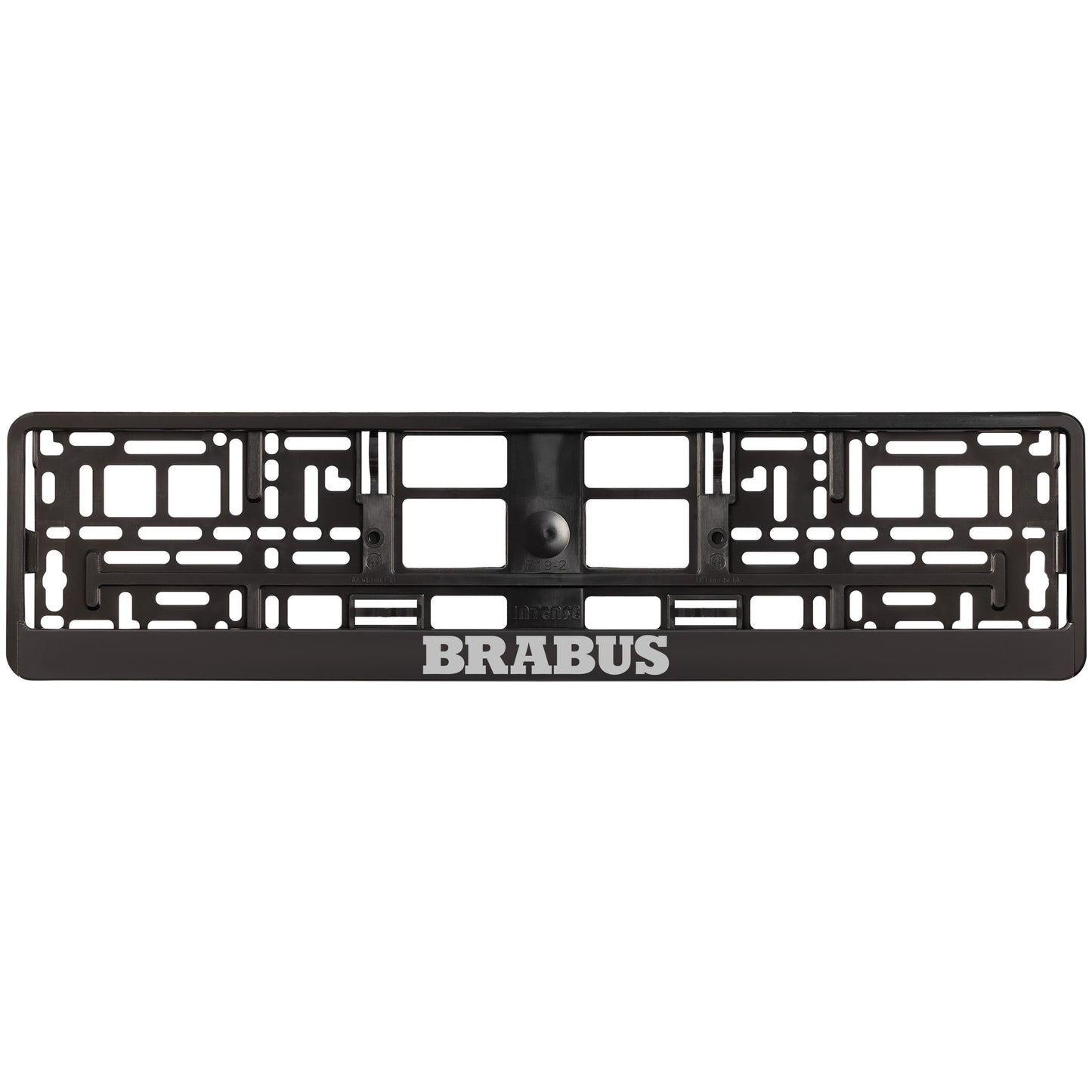 
        black license plate frame silver brabus logo
     