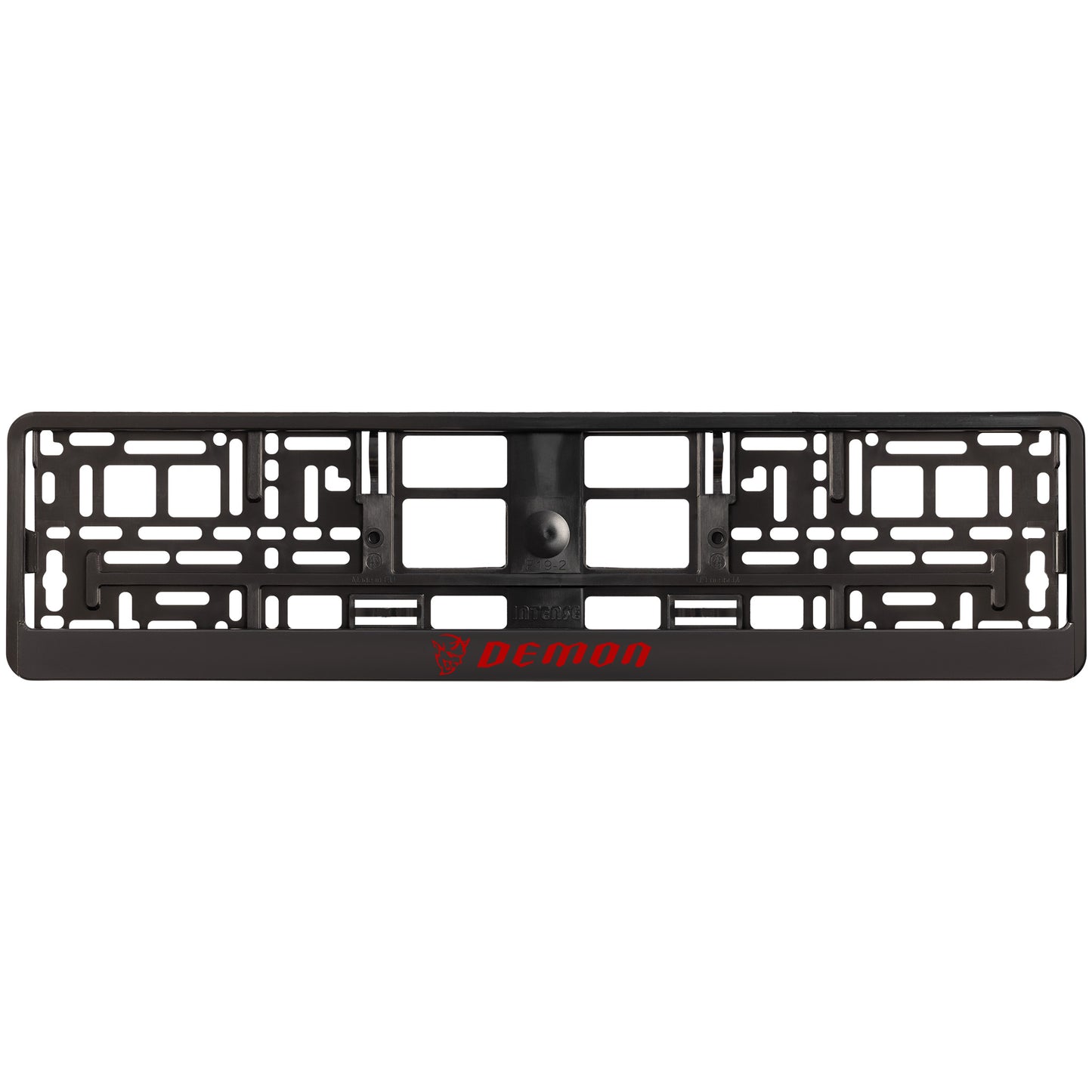 
        black license plate frame with red demon logo
     