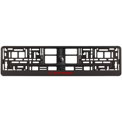 black license plate frame with red demon logo