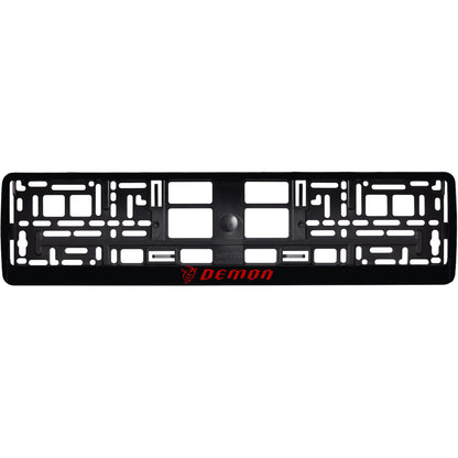 gloss black license plate frame with red demon logo