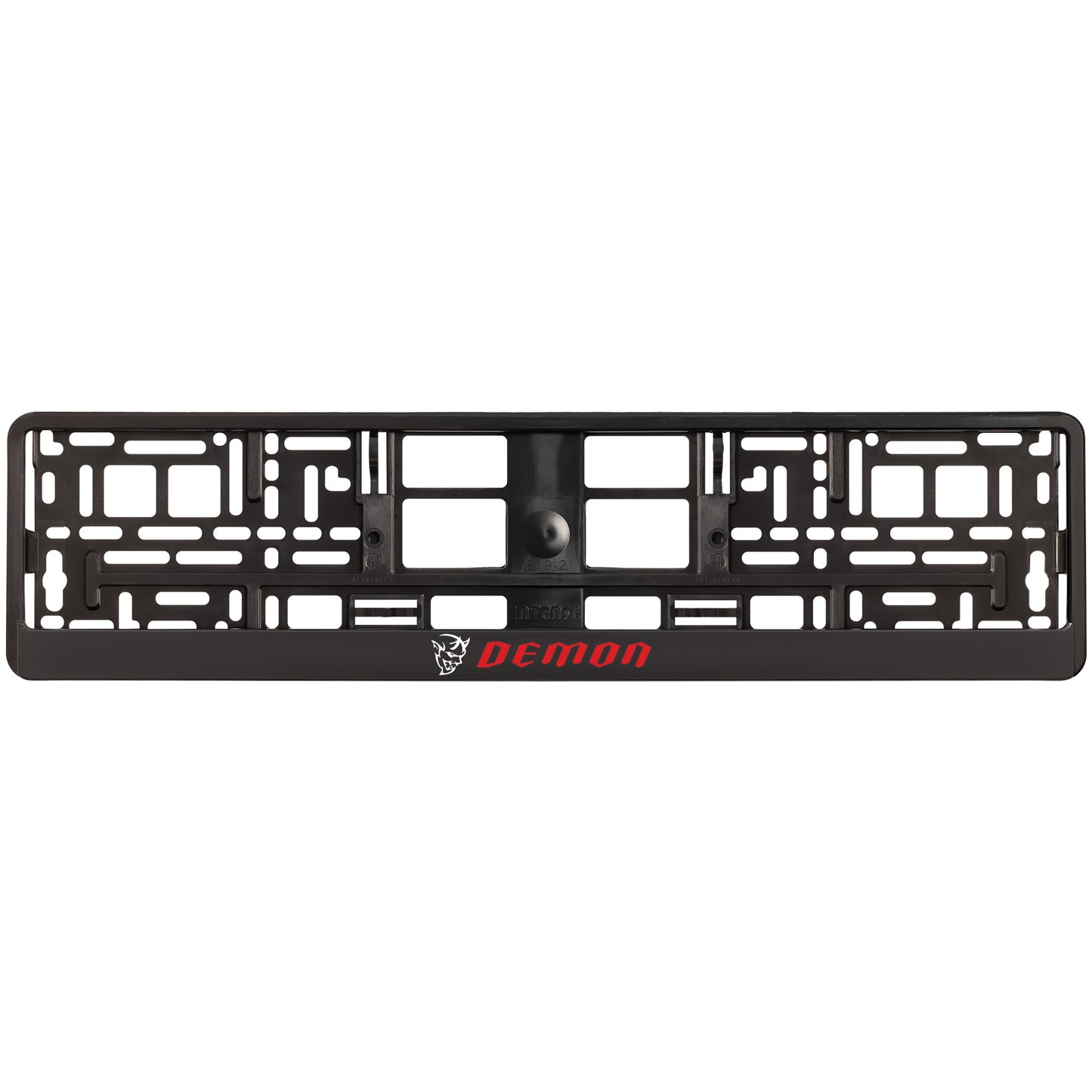 
        black license plate frame with white demon logo
     