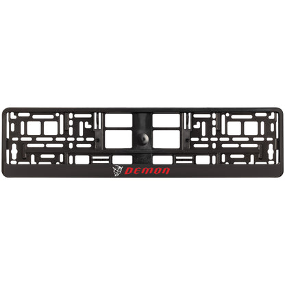 black license plate frame with white demon logo