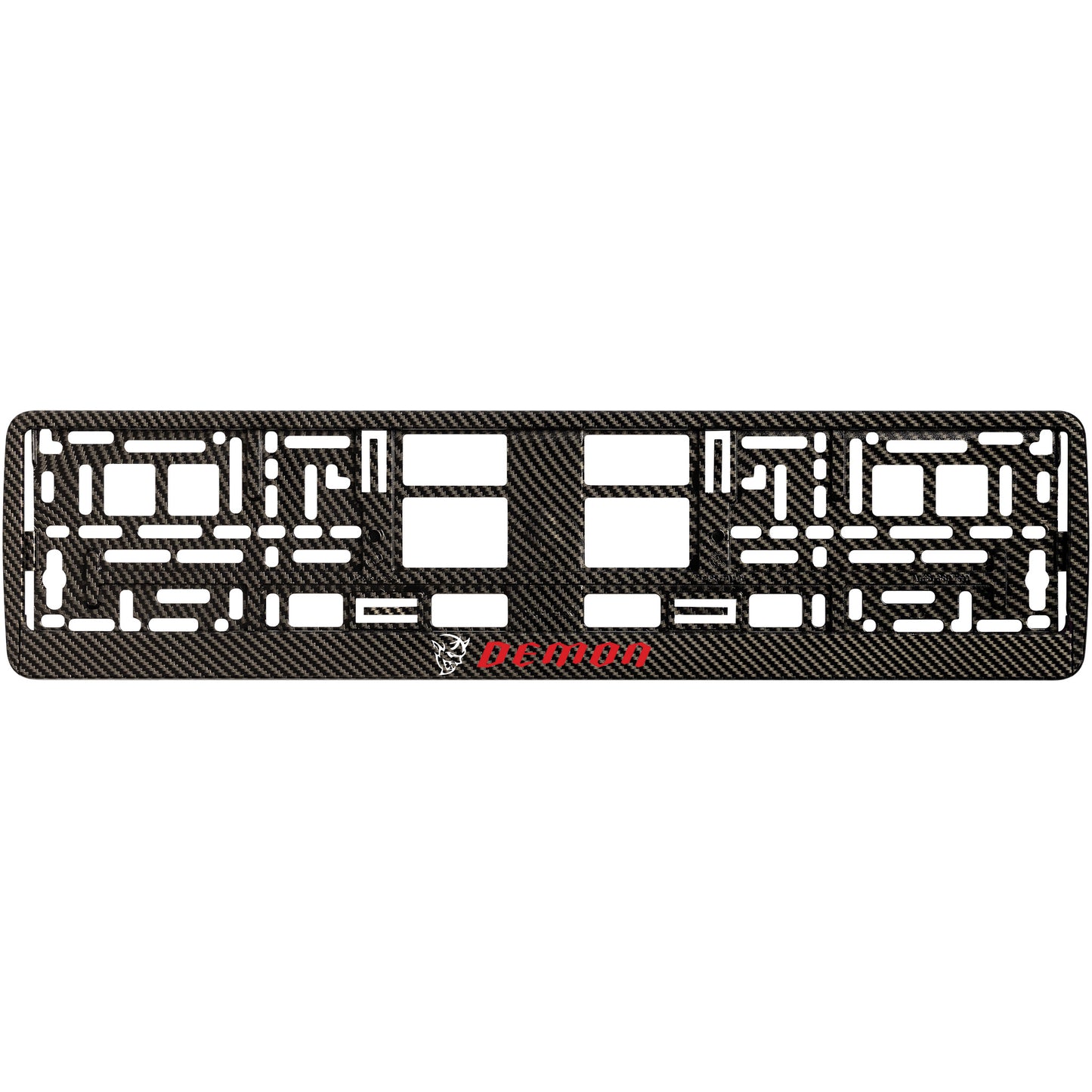 
        carbon  license plate frame with white demon logo
     