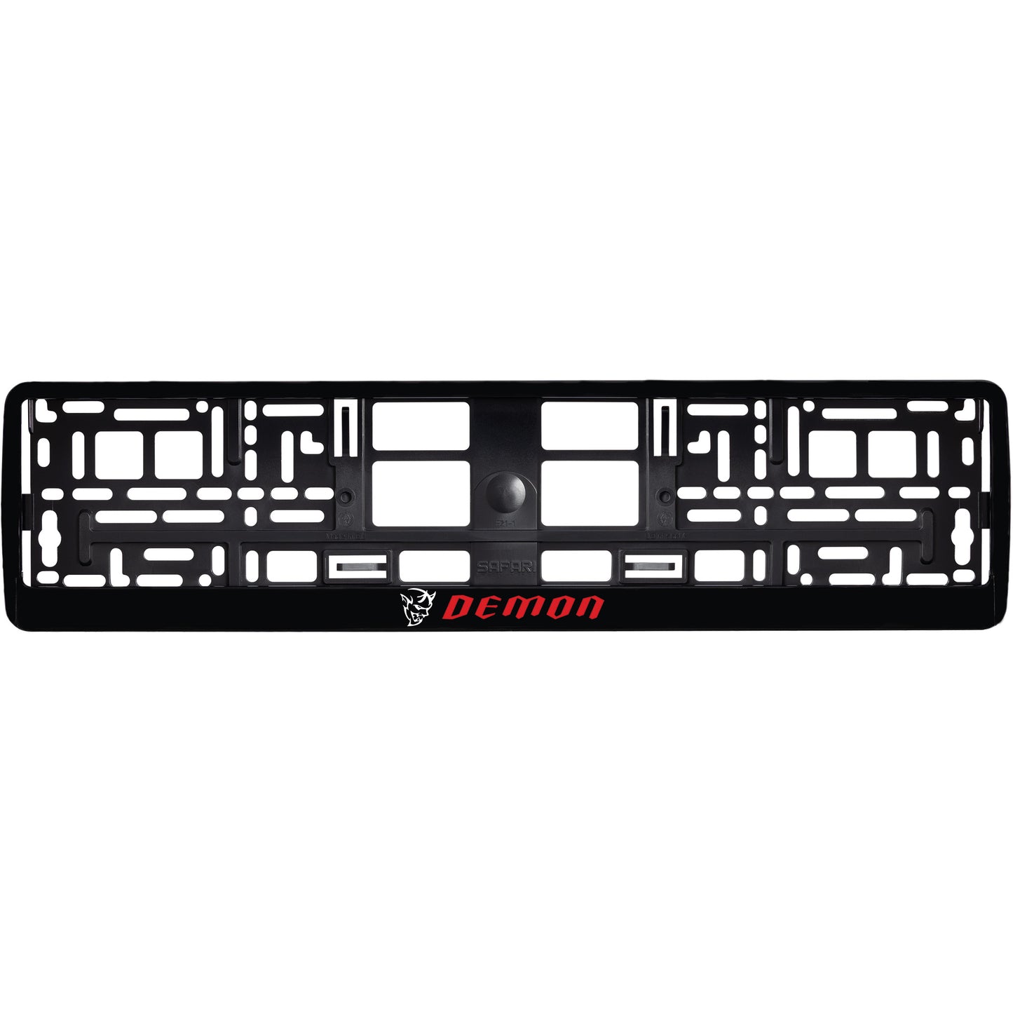 
        gloss black license plate frame with white demon logo
     