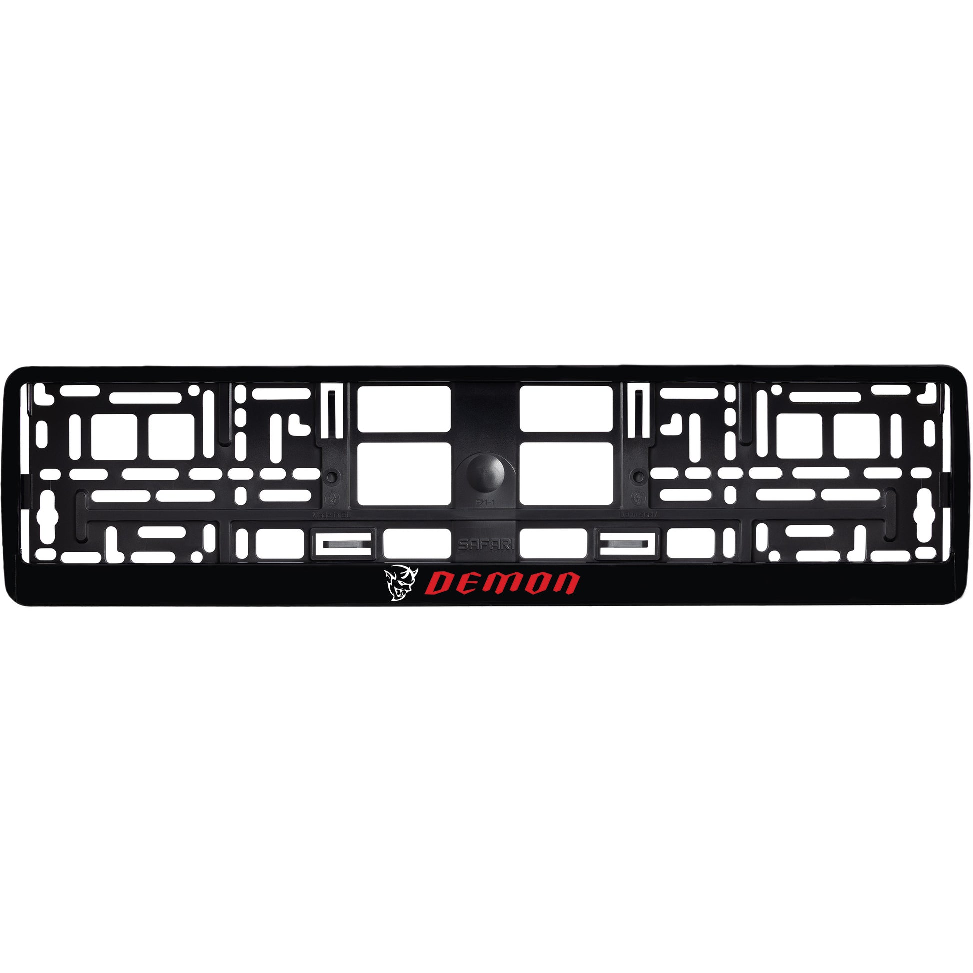 gloss black license plate frame with white demon logo