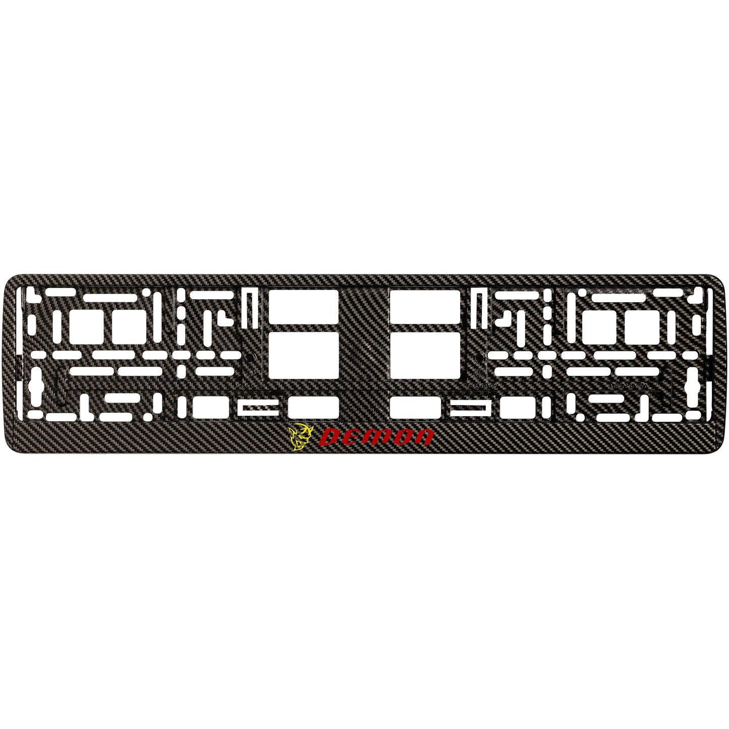 
        carbon  license plate frame with yellow demon logo
     