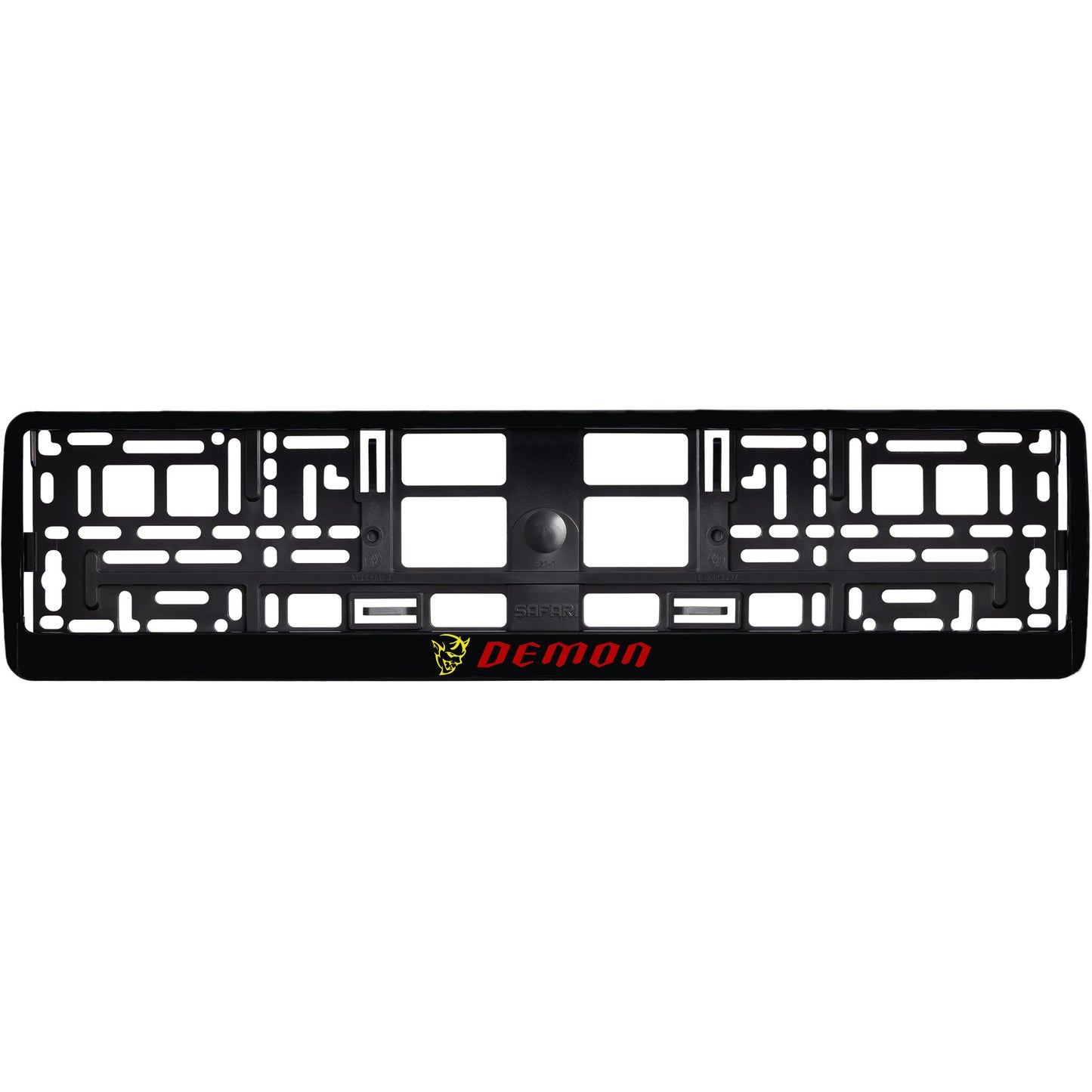 
        gloss black license plate frame with yellow demon logo
     