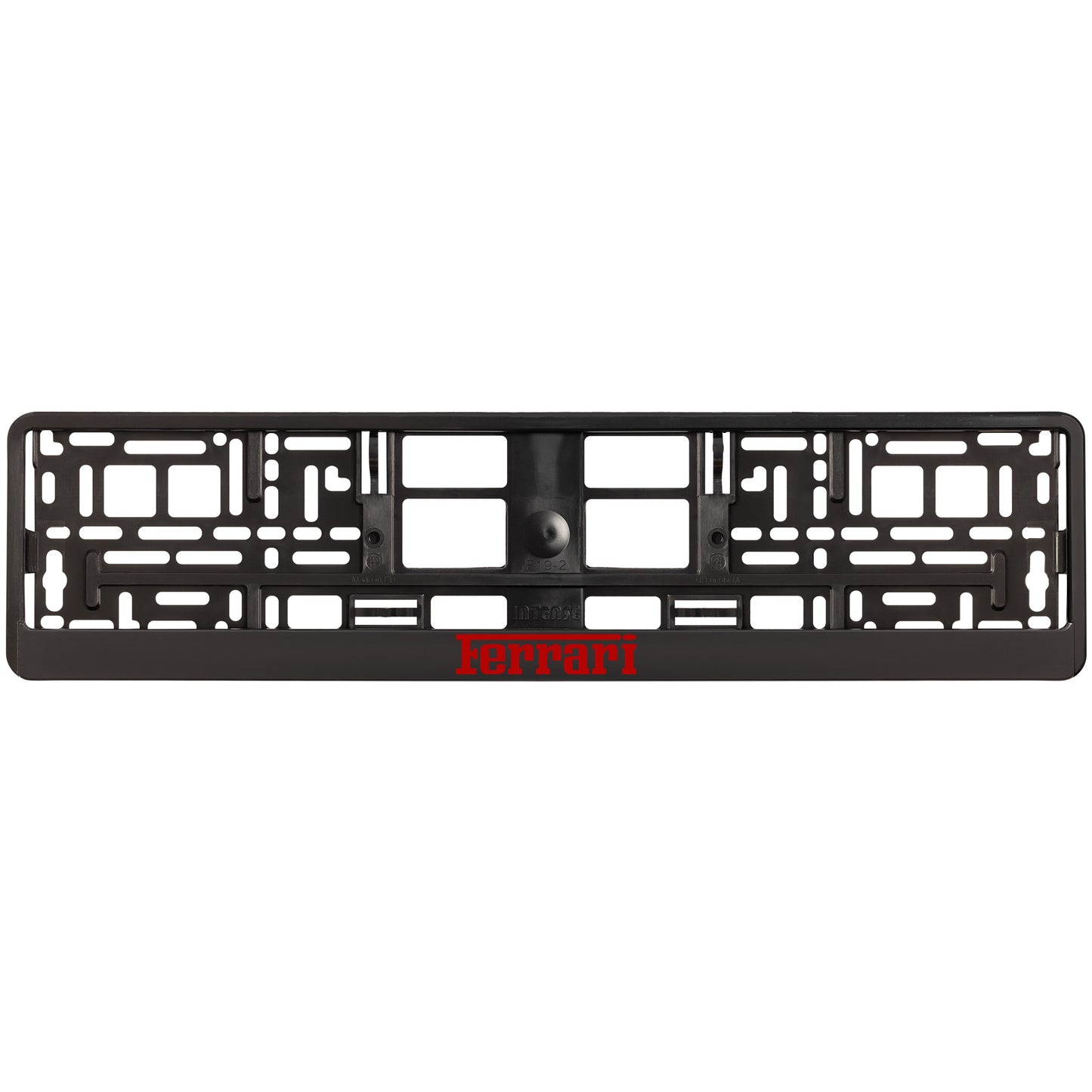 
        black license plate frame with red ferrari logo
     
