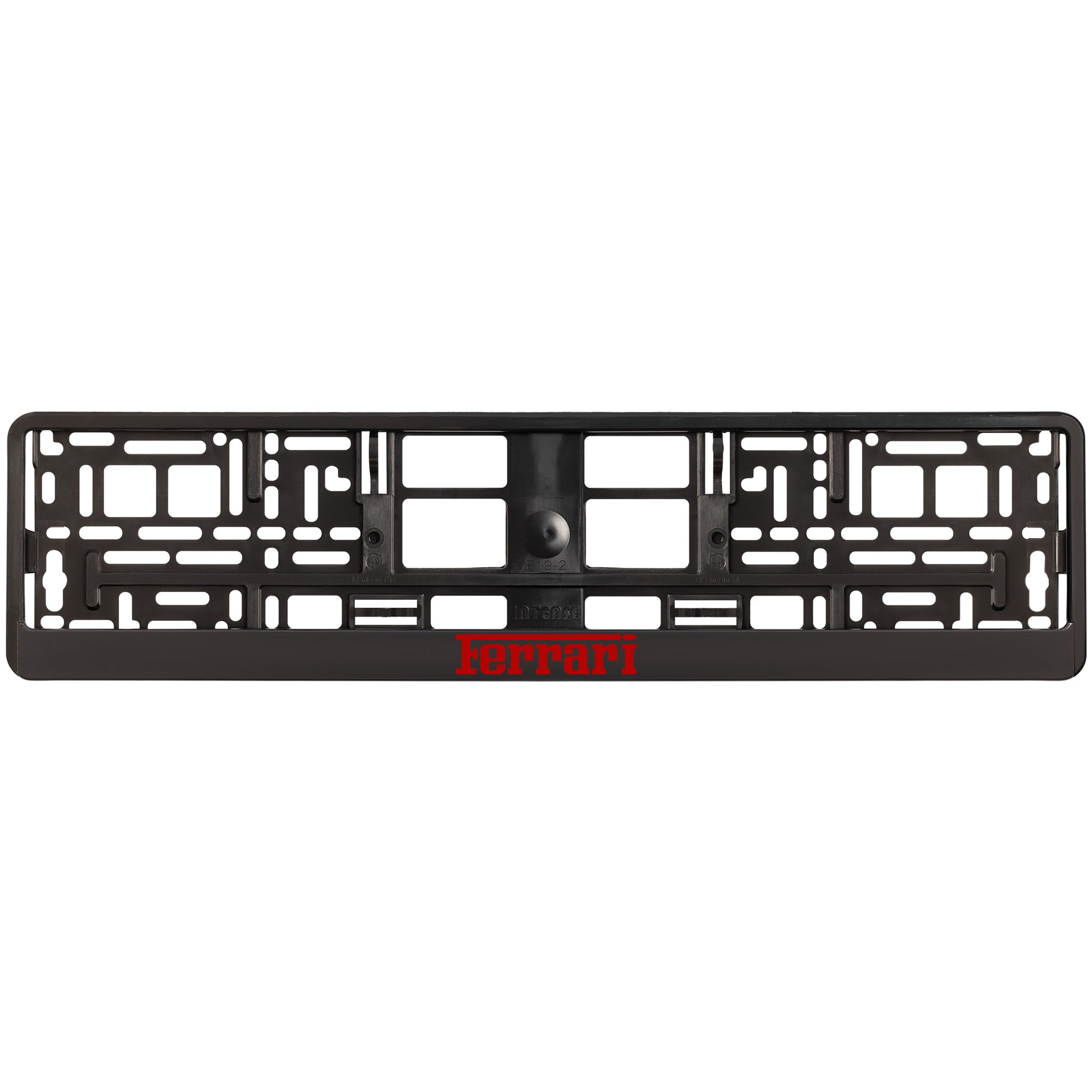 black license plate frame with red ferrari logo