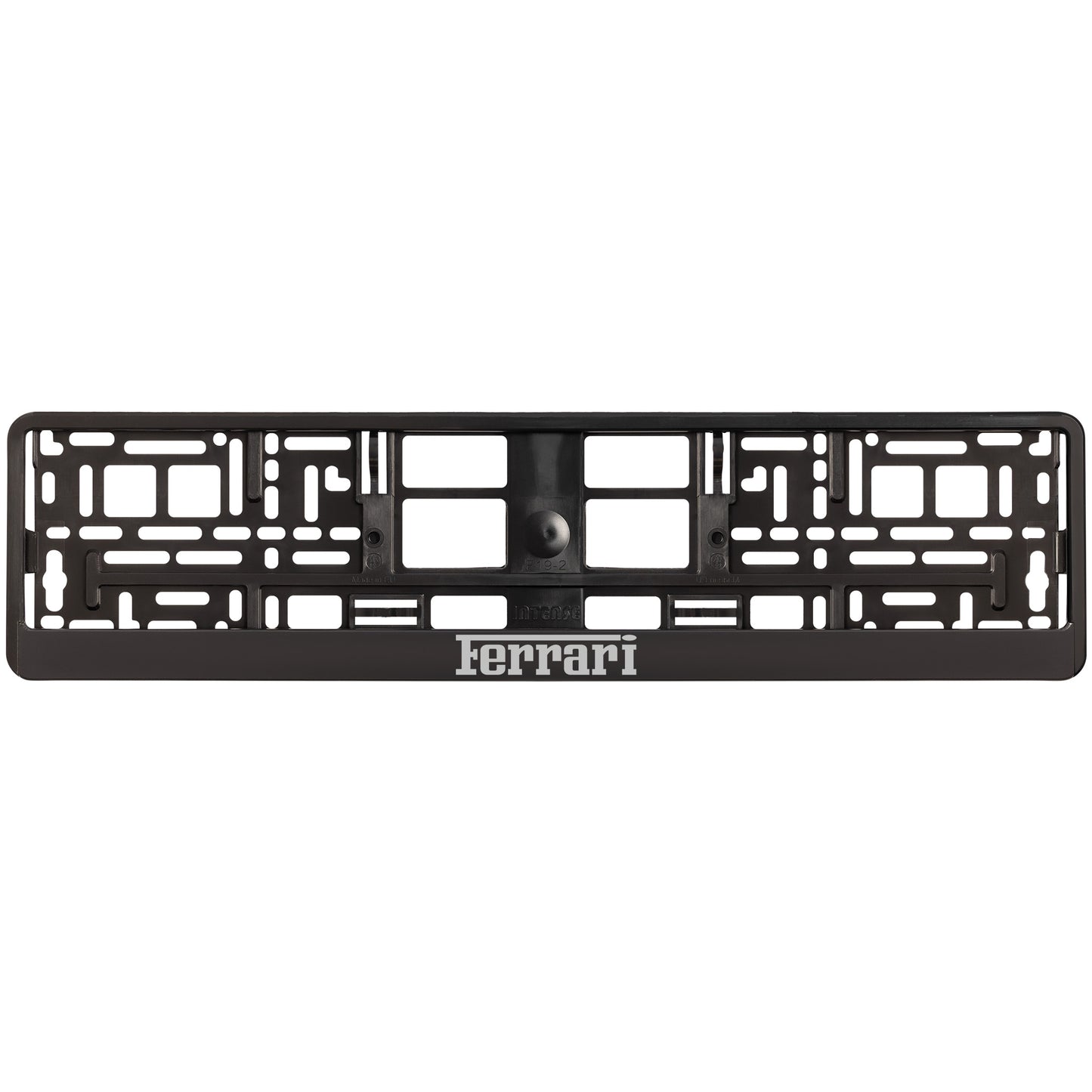 
        black license plate frame with silver ferrari logo
     