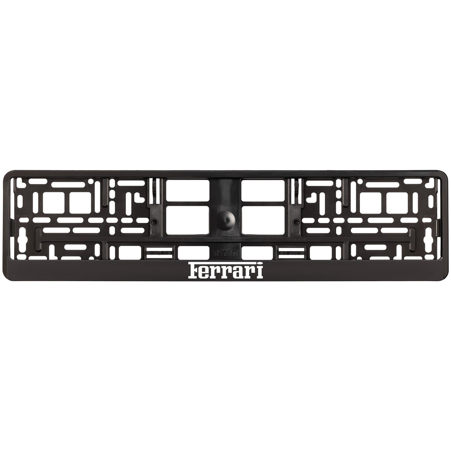 
        black license plate frame with white ferrari logo
     
