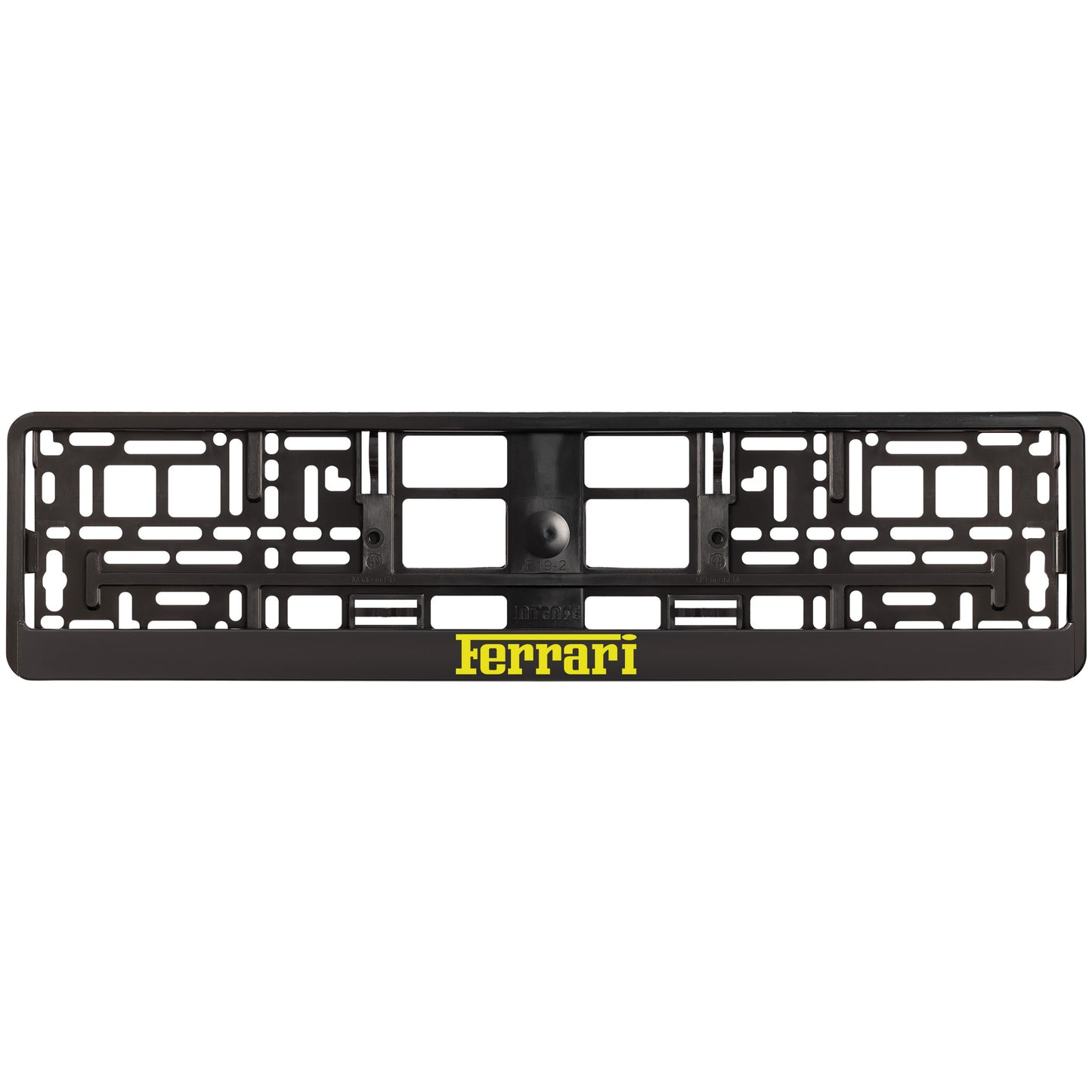 
        black license plate frame with yellow ferrari logo
     