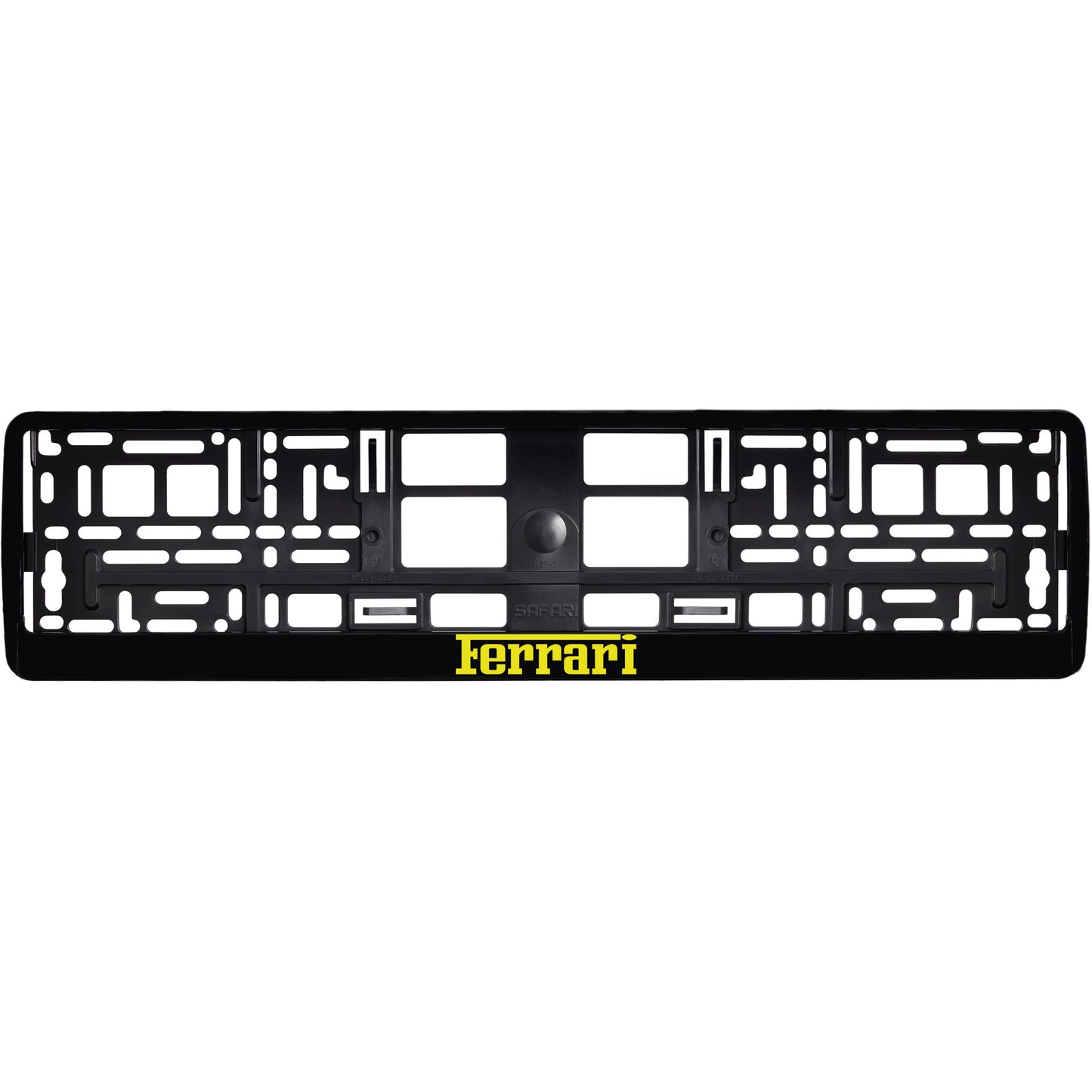 
        gloss black license plate frame with yellow ferrari logo
     
