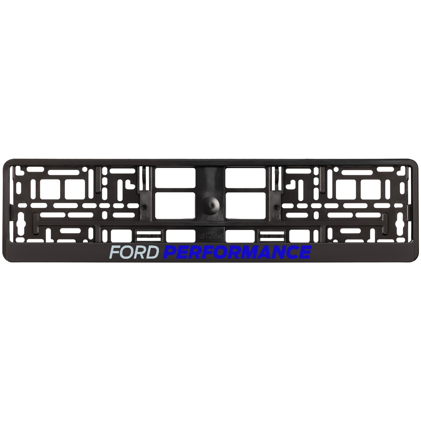
        black license plate frame with blue ford performance logo
     