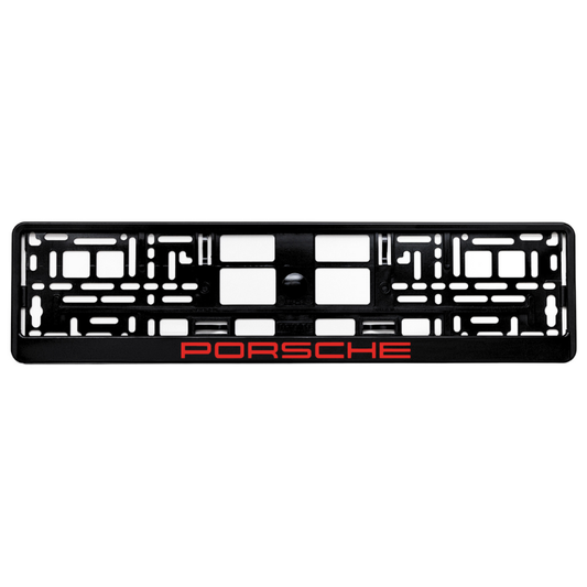 gloss black license plate frame with red porsche logo
