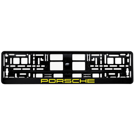 gloss black license plate frame with yellow porsche logo