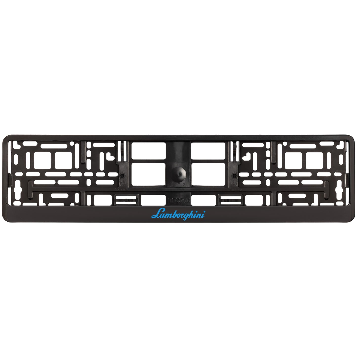 
        black license plate frame with blue cyan lamborghini logo
     