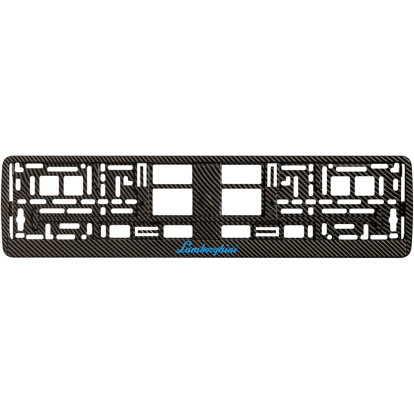 
        carbon license plate frame with blue cyan lamborghini logo
     