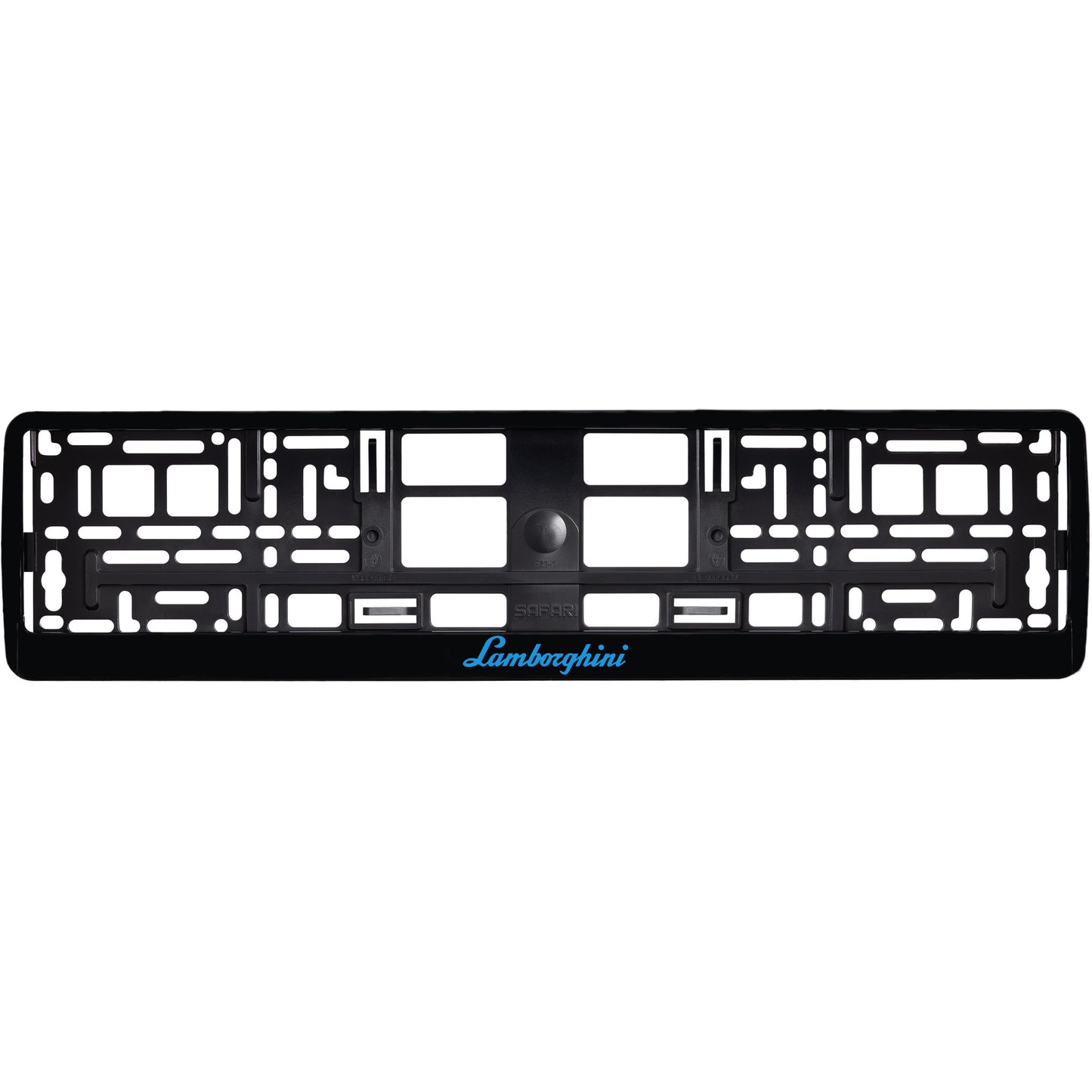 
        gloss black license plate frame with blue cyan lamborghini logo
     
