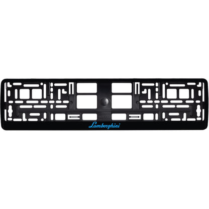 gloss black license plate frame with blue cyan lamborghini logo