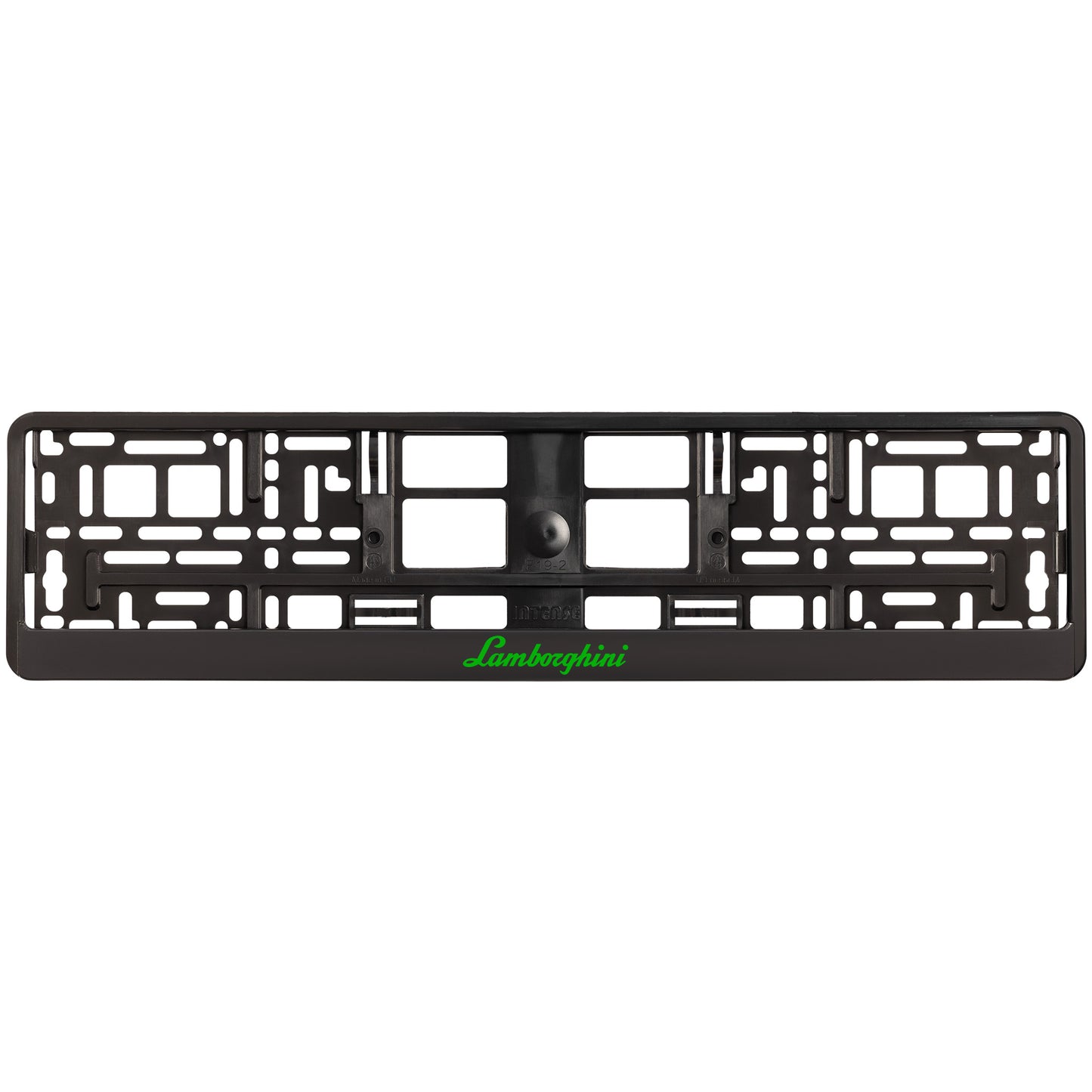 
        black license plate frame with green lamborghini logo
     