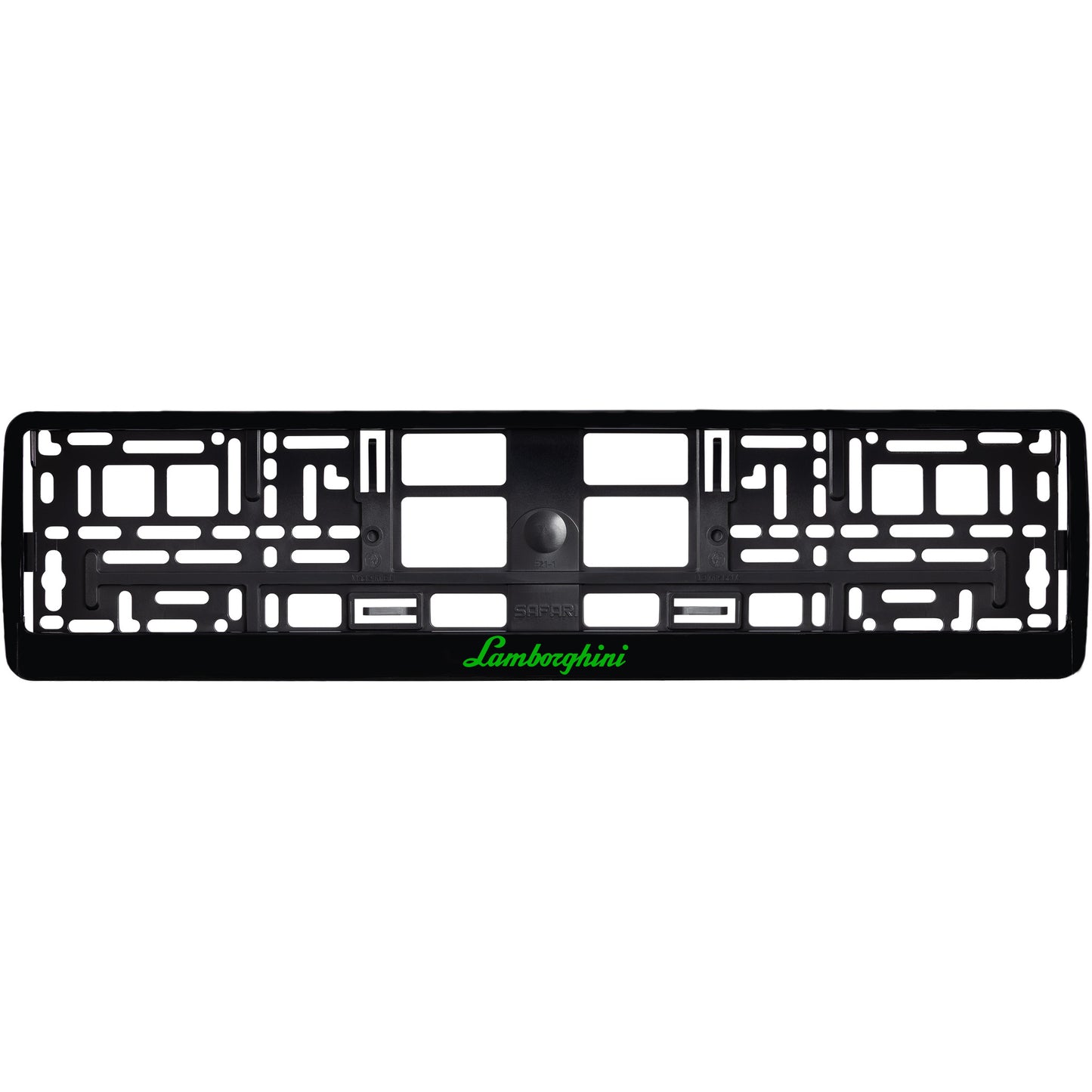 
        gloss black license plate frame with green lamborghini logo
     