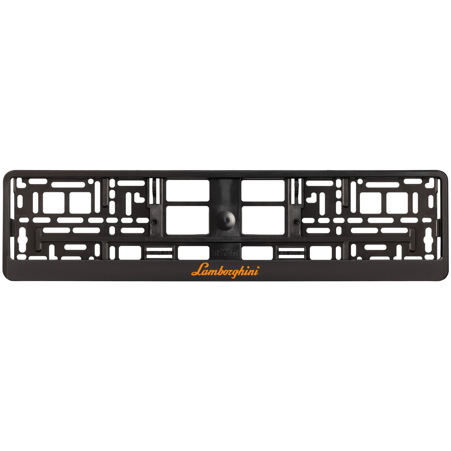 
        black license plate frame with orange lamborghini logo
     